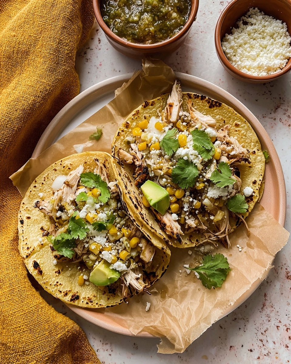 Three small tacos are placed side by side on parchment paper on a white plate. Each taco has a slightly charred, soft corn tortilla folded over. Inside the tortillas, there is a base layer of shredded light brown chicken, topped with small cubes of white onion, charred yellow corn kernels, slices of bright green avocado, and sprinkled with crumbled white cheese and fresh green cilantro leaves. On the left side of the plate, there is a small bowl of green salsa with visible seeds. The plate is on a surface with a white marbled texture. Photo taken with an iphone --ar 4:5 --v 7