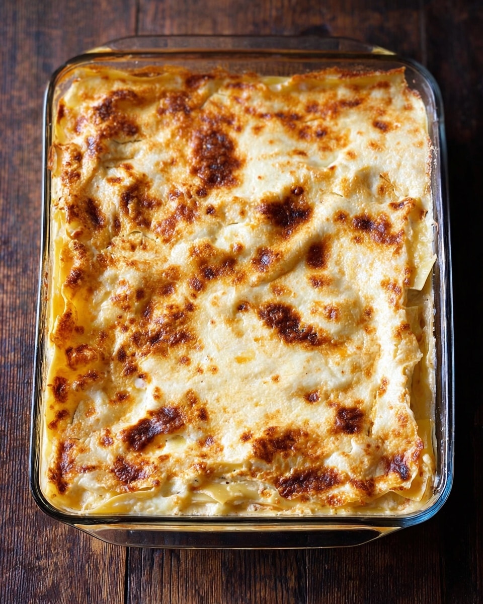 A clear glass baking dish filled with a layered baked pasta dish that has a light golden-brown top layer. The top layer is slightly uneven with patches of darker brown toasted spots and melted cheese that appears bubbly and soft. Underneath the top layer, thin white pasta sheets are visible, with hints of creamy sauce and possibly other layers beneath. The dish rests on a dark wooden surface. The texture on the top looks slightly crispy but mostly soft. photo taken with an iphone --ar 4:5 --v 7