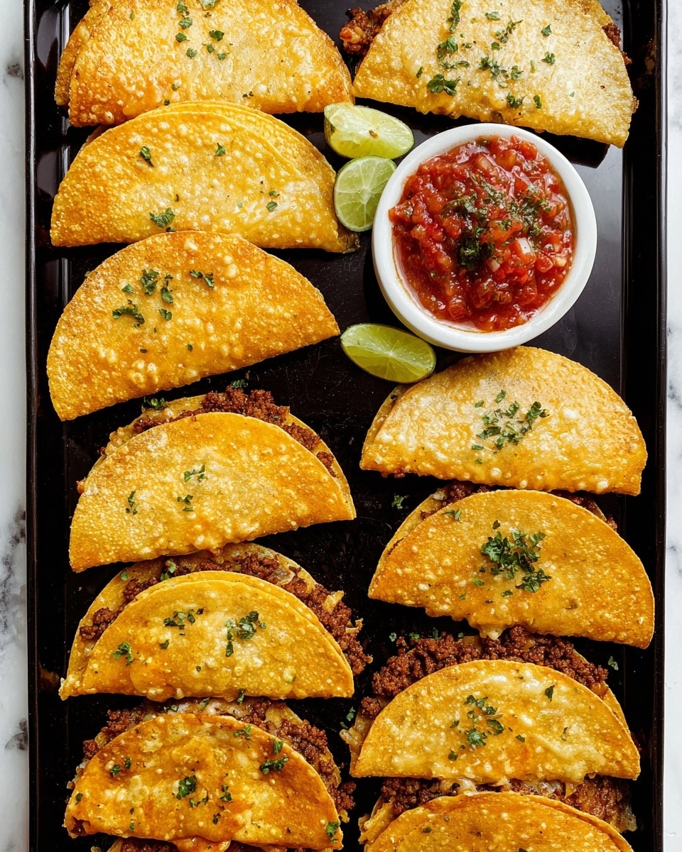 The image shows eight golden-brown crispy tacos arranged in two rows on a black tray placed on a white marbled surface. Each taco has a folded semi-circle shape with a slightly bubbly texture on the outer shell, sprinkled with small green herb flakes. Inside, the filling looks thick and crumbly, likely seasoned ground meat, visible where the tacos are slightly open. In the middle of the tray, there is a small white bowl filled with chunky red salsa topped with a small sprinkle of green herbs. Two lime wedges are placed near the bowl, adding a fresh green pop of color. The overall composition looks neat, with the tacos slightly browned and crispy with fresh herb garnish. Photo taken with an iphone --ar 4:5 --v 7