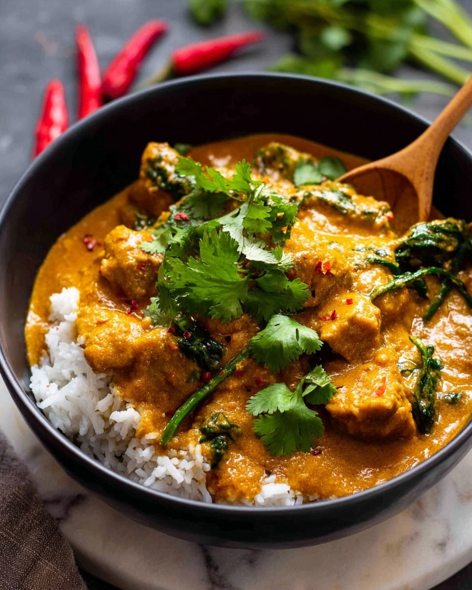 A black bowl holds a layer of white rice at the bottom, topped with a thick, orange creamy curry sauce that covers pieces of tender meat and green leafy vegetables. Bright green cilantro leaves are scattered on top for garnish, with a wooden spoon resting inside the bowl. The bowl sits on a white marbled surface, and in the background, there are blurred red chili slices and more cilantro leaves. photo taken with an iphone --ar 4:5 --v 7