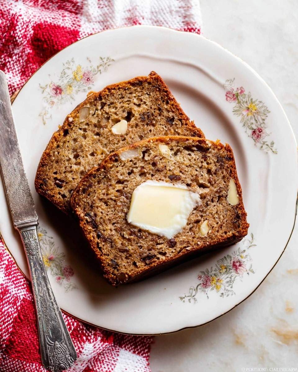 Two slices of brown banana bread with visible small nut pieces are placed slightly overlapping on a white plate with a delicate floral pattern around the edge. The top slice has a dollop of melting white butter in the center. The plate sits on a surface with a white marbled texture, and a red and white checkered cloth is partially visible on the left side. A silver knife with a detailed handle lies next to the plate. Photo taken with an iphone --ar 4:5 --v 7