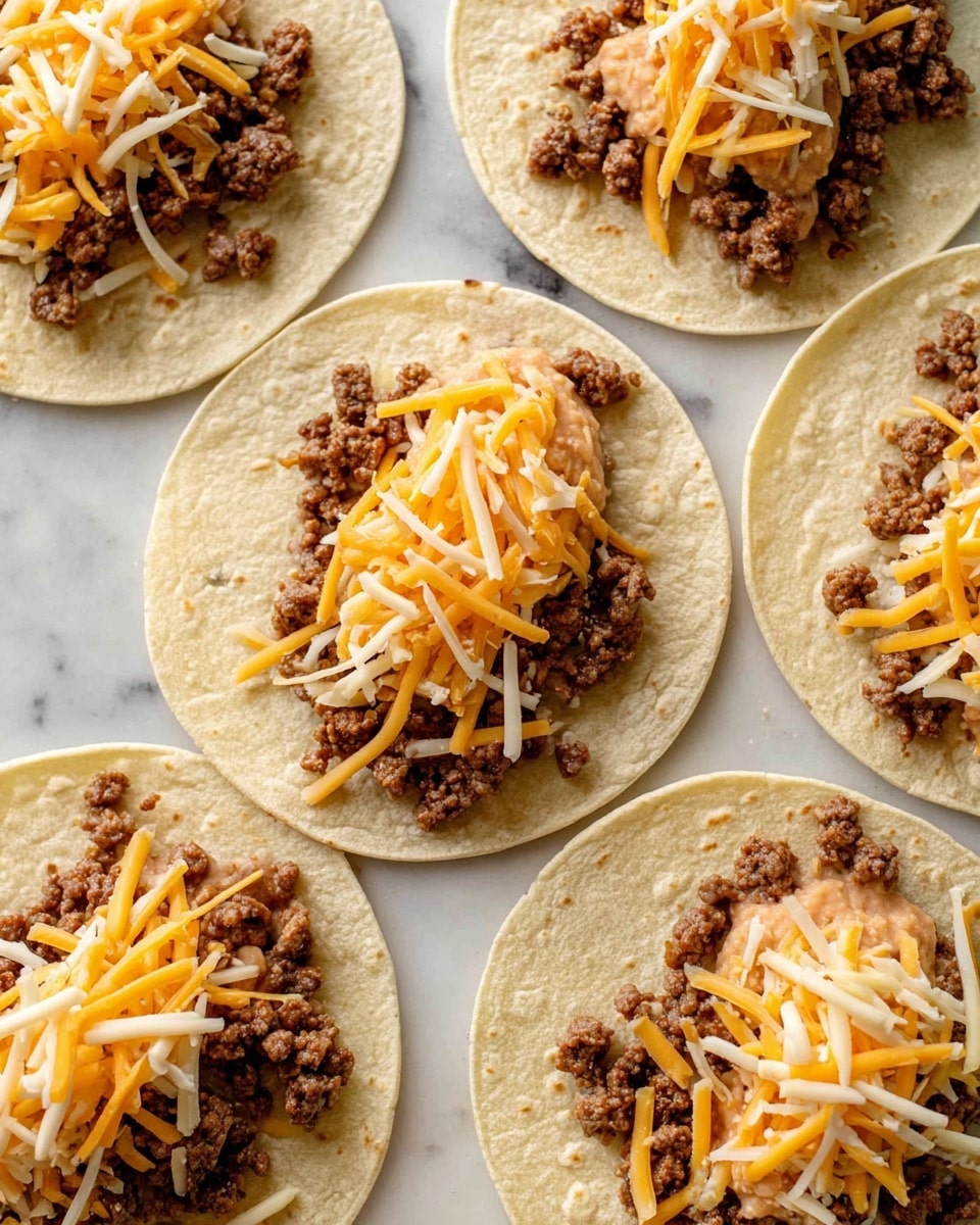 The image shows several soft, pale yellow corn tortillas laid flat on a white marbled surface. Each tortilla is topped with small chunks of cooked, browned ground beef mostly clustered in the center. On top of the beef, there is a small spread of a light pinkish creamy bean paste or refried beans. Scattered over both the beef and bean layer is a mix of shredded cheese in two colors: bright orange cheddar and white mozzarella, adding a contrast of color and texture. The layers combine to create a simple, hearty base for tacos or quesadillas. Photo taken with an iphone --ar 4:5 --v 7