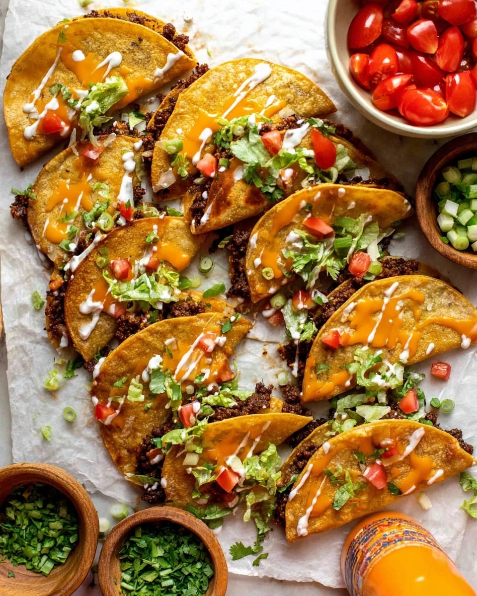 The image shows several taco shells folded in half and filled with layers of browned ground meat, melted orange cheese, and small pieces of red tomato. On top of this, there is a layer of shredded light green lettuce and some small green herb pieces scattered over everything. White sauce is drizzled across the taco shells and meat in thin lines. The tacos are arranged closely together on a white marbled surface, and there are slight golden-brown crispy textures on the taco shells. photo taken with an iphone --ar 4:5 --v 7