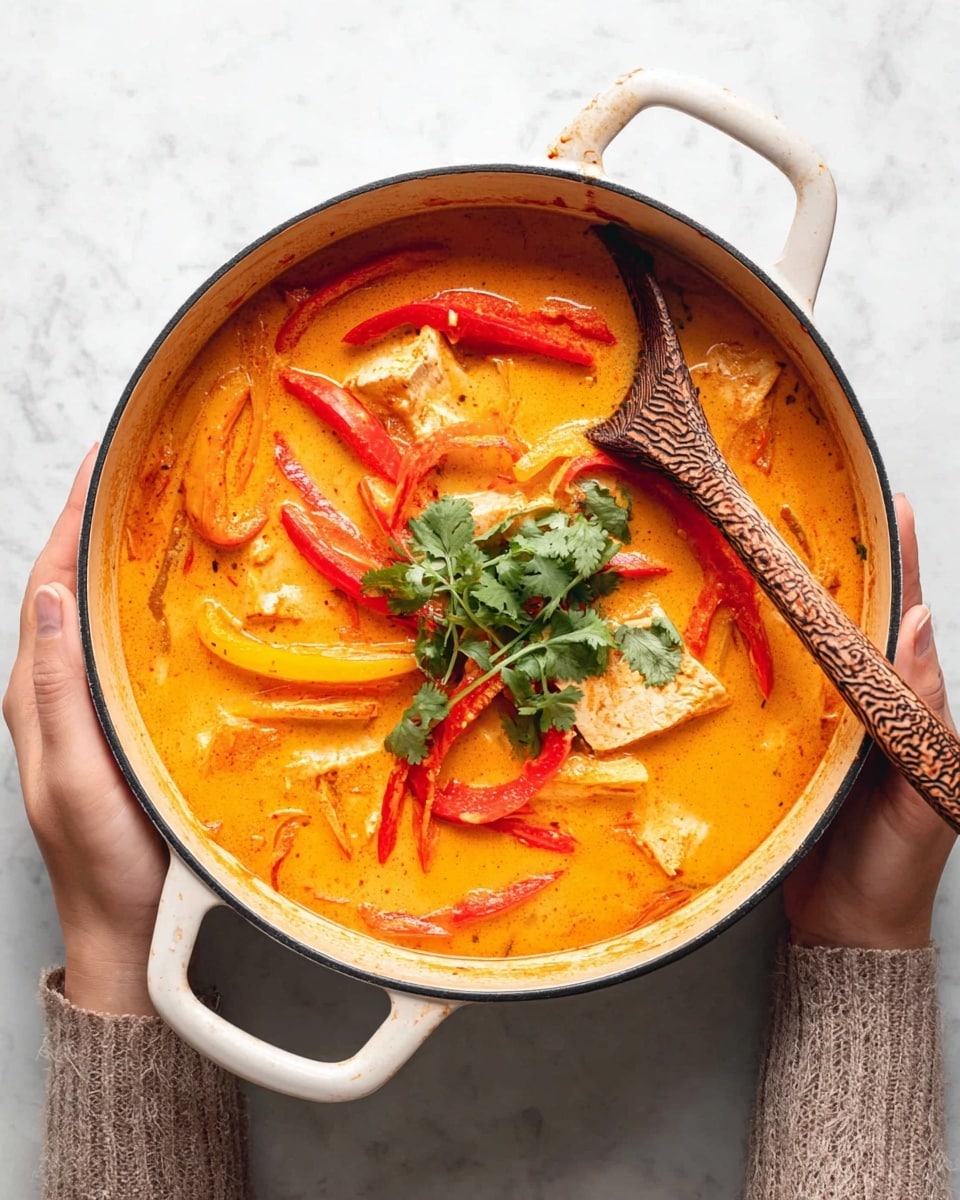 A white enameled pot filled with a thick orange creamy sauce. Inside the sauce are several large slices of red and yellow bell peppers and chunks of light-colored tofu or chicken, all partially submerged. There is a few sprigs of fresh green cilantro sitting on top near the center. A wooden spoon with a textured handle is resting inside the pot, angled towards the right side. Two woman's hands are holding the pot, one gripping a side handle at the top and the other holding the opposite handle at the bottom. The pot is set on a white marbled surface. Photo taken with an iphone --ar 4:5 --v 7