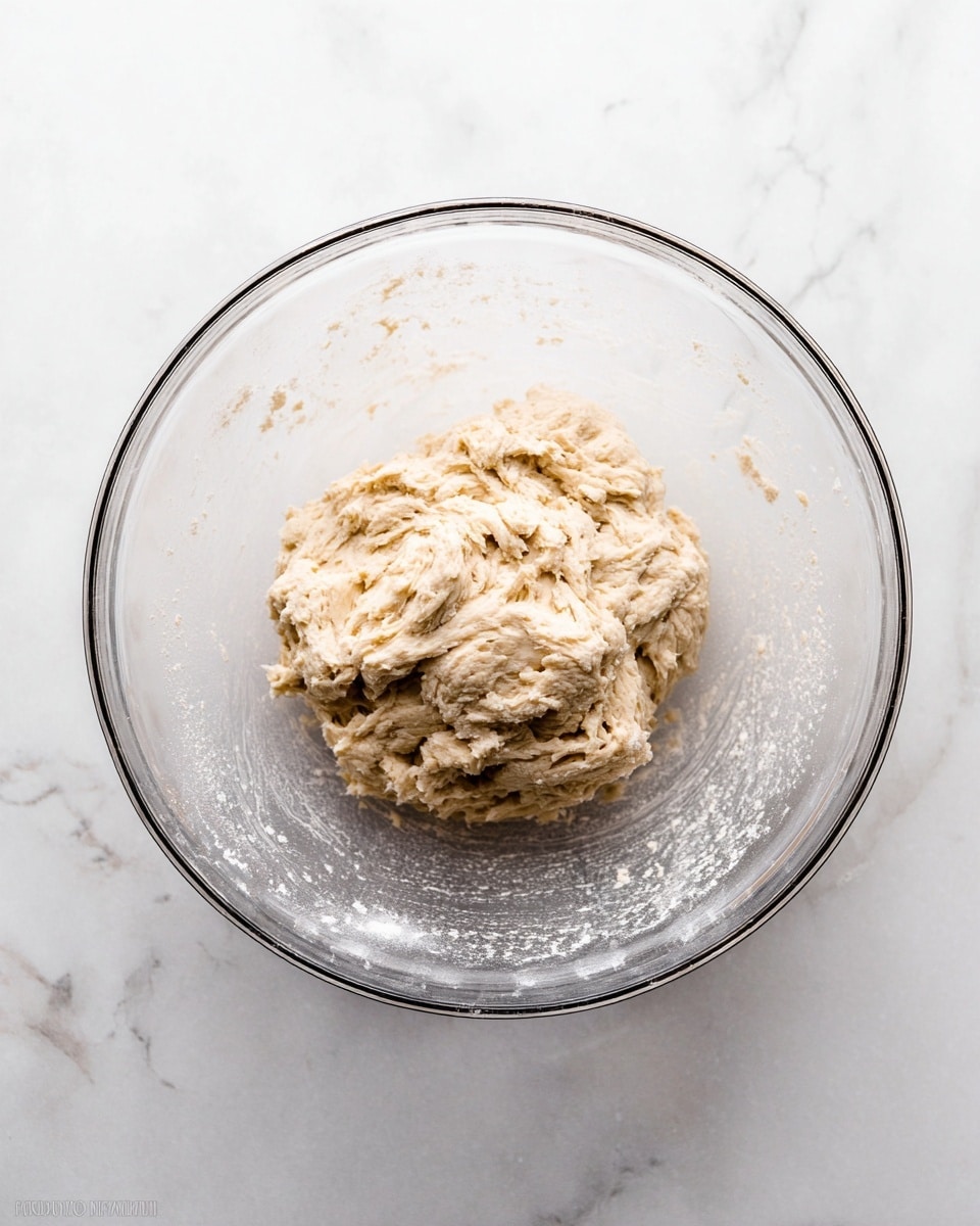 A clear glass bowl sits on a white marbled surface, holding a single mound of light beige dough. The dough looks sticky and thick with a rough texture, showing soft folds and small lumps throughout. Some flour dust clings lightly to the sides of the bowl and the dough itself, creating a slightly powdery look. The scene is simple and clean, focusing on the raw dough inside the bowl. photo taken with an iphone --ar 4:5 --v 7