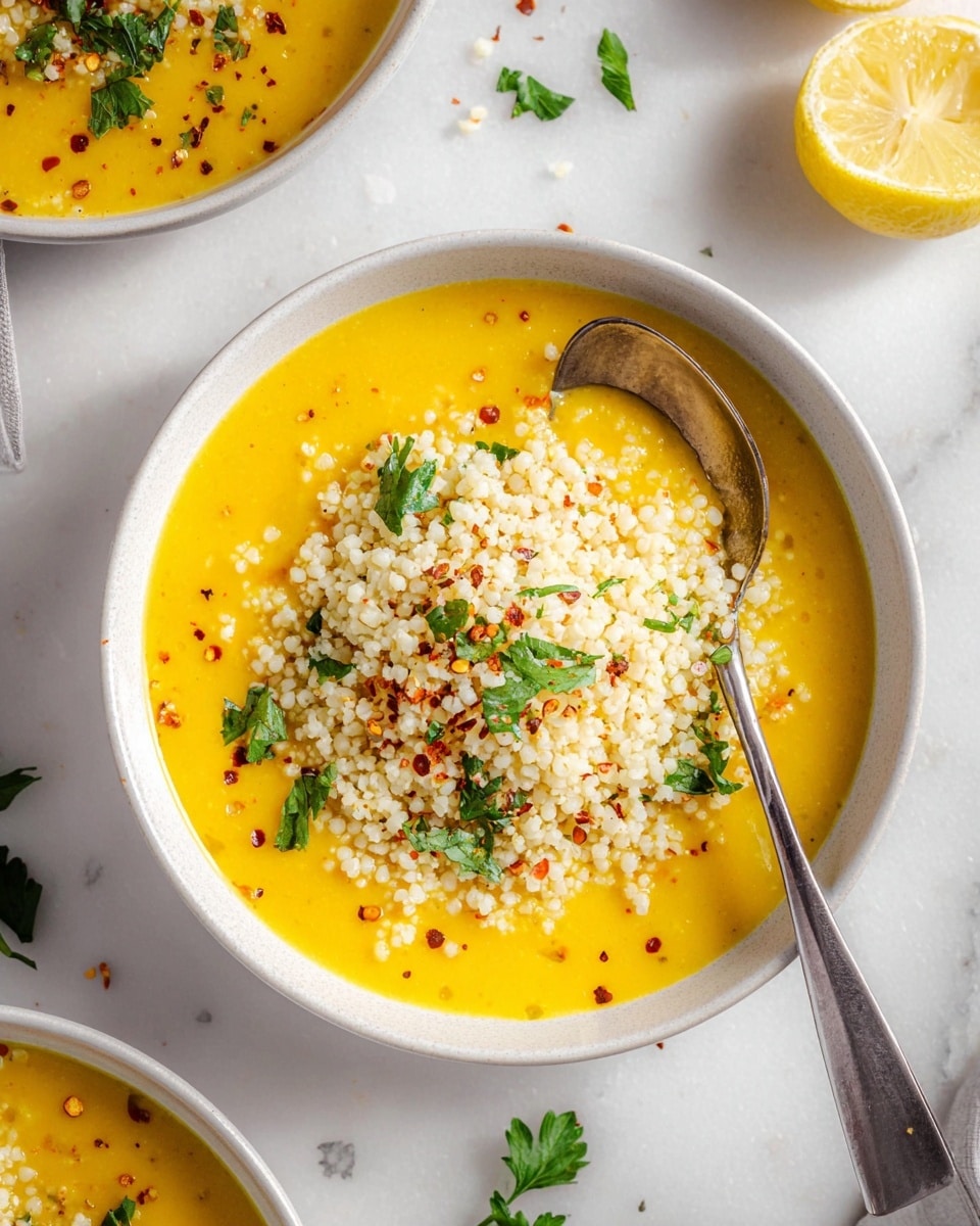 The image shows a white bowl filled with a bright yellow creamy soup, topped with a mound of small white grains that look like cooked couscous or bulgur. The grains are garnished with small green parsley leaves and a sprinkle of red chili flakes and black pepper. A silver spoon is partially dipped into the grains, resting in the bowl. Around the bowl, there are small pieces of green parsley and a lemon wedge on a white marbled surface. Another similar bowl is partly visible at the bottom left corner. The overall look is fresh and vibrant, with a natural light highlighting the colors. Photo taken with an iphone --ar 4:5 --v 7