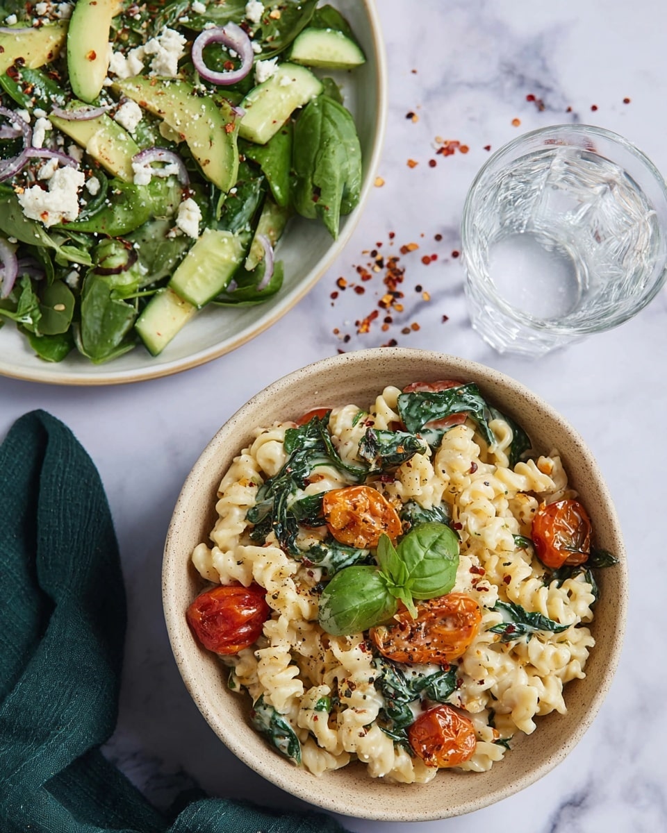 The image shows two dishes on a white marbled surface. In the foreground, there is a beige bowl filled with creamy pasta, which has a spiraled shape, mixed with spinach leaves and halved roasted cherry tomatoes. The pasta is garnished with fresh green basil leaves and pepper, adding a pop of color and texture. Behind it, there is a white plate filled with a fresh green salad that contains leafy greens, cucumber slices, red onion slices, avocado slices, and small white cheese crumbs. The salad looks fresh and colorful with varying shades of green, red, and white. A glass of water is placed nearby, with some scattered red pepper flakes and cheese crumbs on the white marbled surface. A dark green cloth is partly visible in the bottom left corner. photo taken with an iphone --ar 4:5 --v 7
