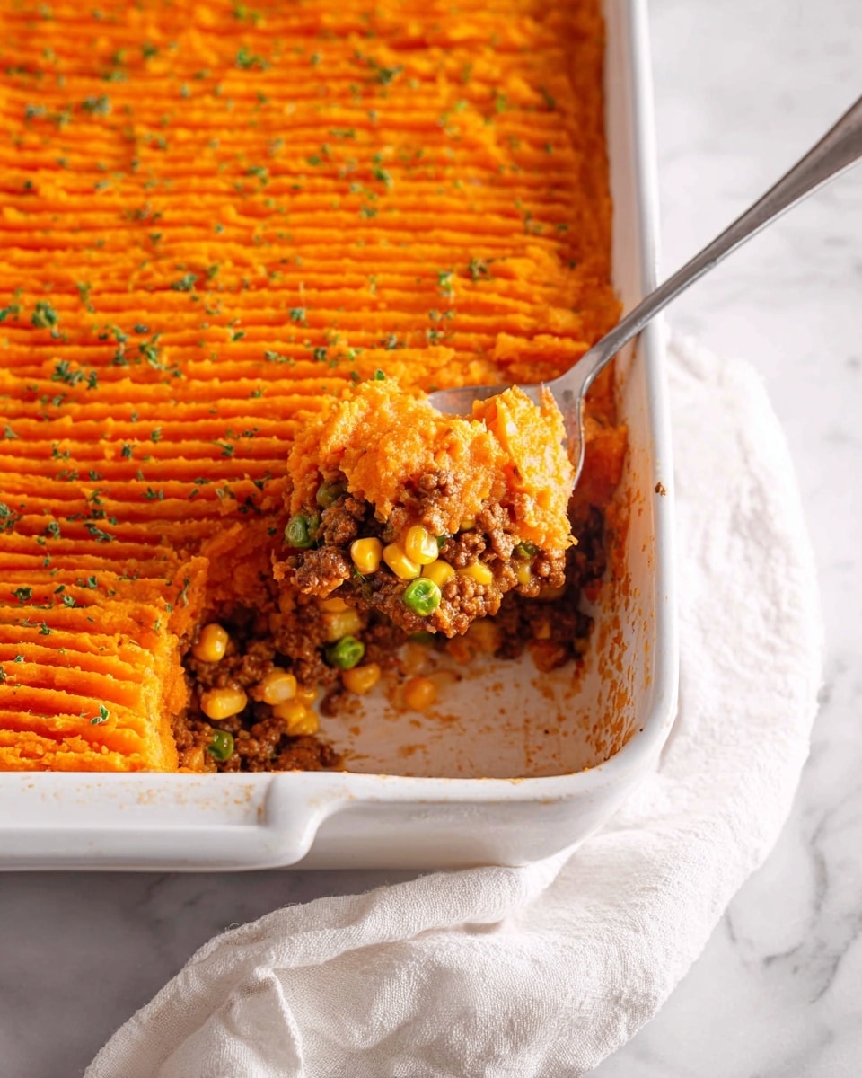 A close-up of a white rectangular baking dish filled with a layered casserole. The top layer is a smooth, textured orange mash, evenly lined with ridges, sprinkled with small green herb bits. Below the mash, the middle and bottom layers show a mix of cooked ground meat, yellow corn kernels, and green peas. A metal spoon is lifting a portion from the dish, showing the three distinct layers clearly. The baking dish sits on a white marbled surface with a soft white cloth nearby. Photo taken with an iphone --ar 4:5 --v 7