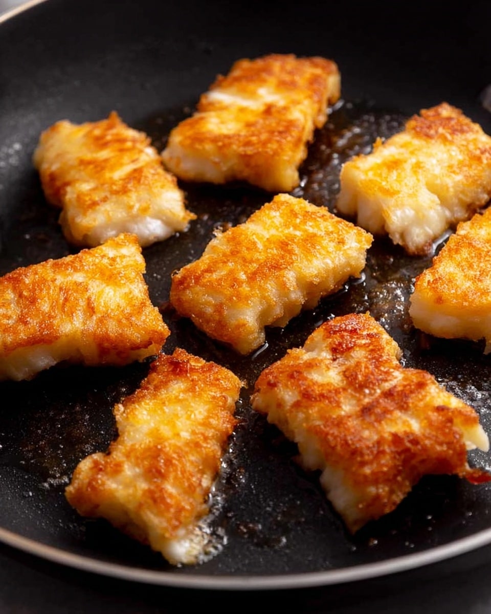 The image shows eight pieces of golden-brown fried fish placed in a black non-stick pan. Each piece varies slightly in shape and size, with a slightly crispy and textured surface that shines with a light coating of oil. The fish pieces are spaced out evenly and the background, though not fully visible, is a simple kitchen setting. The lighting highlights the warm, cooked colors of the fish, making them look fresh and appetizing. photo taken with an iphone --ar 4:5 --v 7