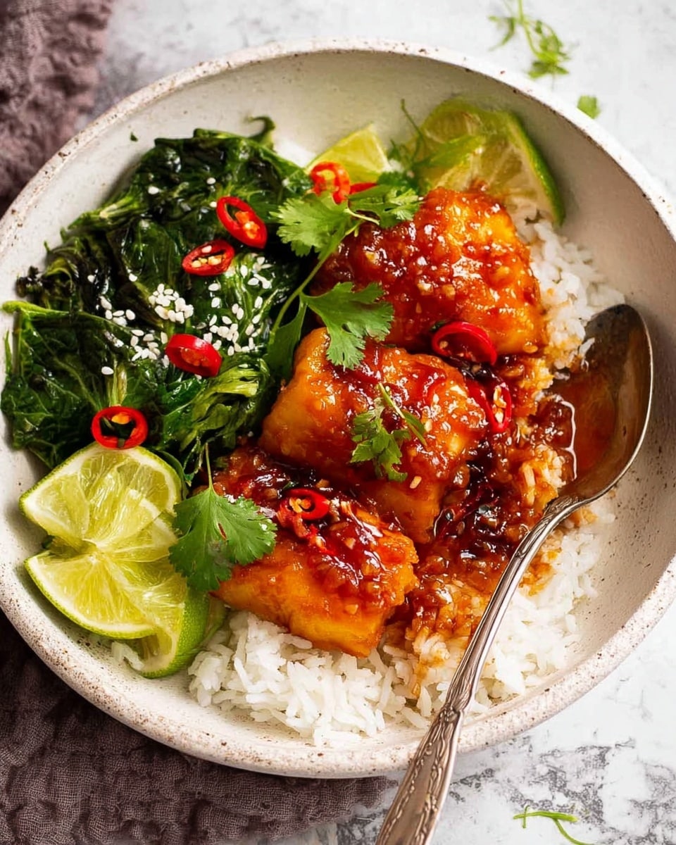 A white bowl filled with steaming white rice forms the base layer, topped with three golden-brown glazed fish pieces covered in a shiny, sticky sauce with small chili flakes visible. On the side, bright green leafy vegetables with a few white sesame seeds add texture and color contrast. Lime wedges with fresh green skin are placed on top and around the bowl, adding brightness. Fresh red chili slices and sprigs of green cilantro sit on the fish and rice, adding pops of color and freshness. A silver spoon is resting on the right edge of the bowl, and the whole scene sits on a white marbled texture background. photo taken with an iphone --ar 4:5 --v 7