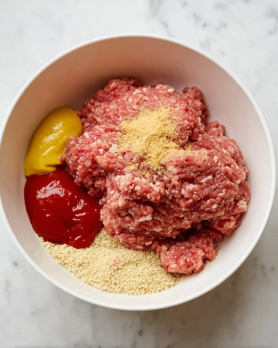 In a white bowl on a white marbled surface, there is one large mound of raw ground meat with a slightly rough texture, pinkish-red with some white fat parts. On top near the front is a smaller section of raw ground meat sprinkled with a light yellow powder. Below the meat is a layer of beige breadcrumbs that fill the bottom of the bowl, covering about half of the bowl's base. To the left of the meat, there are two dollops of smooth sauce: one bright yellow mustard and one shiny red ketchup, both sitting close together. Photo taken with an iphone --ar 4:5 --v 7