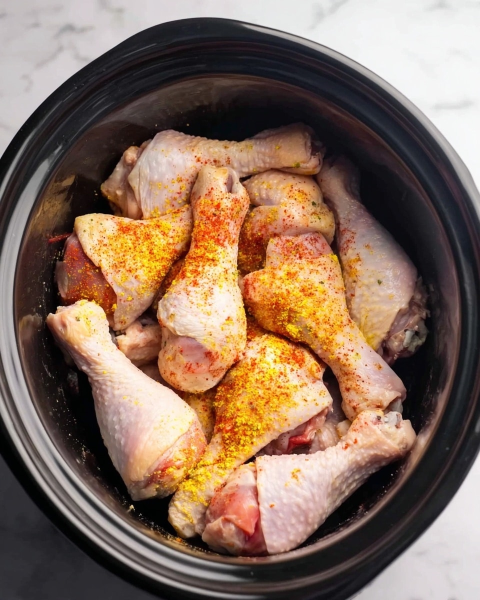 Inside a black slow cooker, there are eight raw chicken drumsticks arranged in one layer, showing pale pink skin with some yellow and red spices sprinkled unevenly over them. The spices give spots of vibrant orange and yellow colors on the chicken. The slow cooker is sitting on a white marbled surface. Photo taken with an iphone --ar 4:5 --v 7
