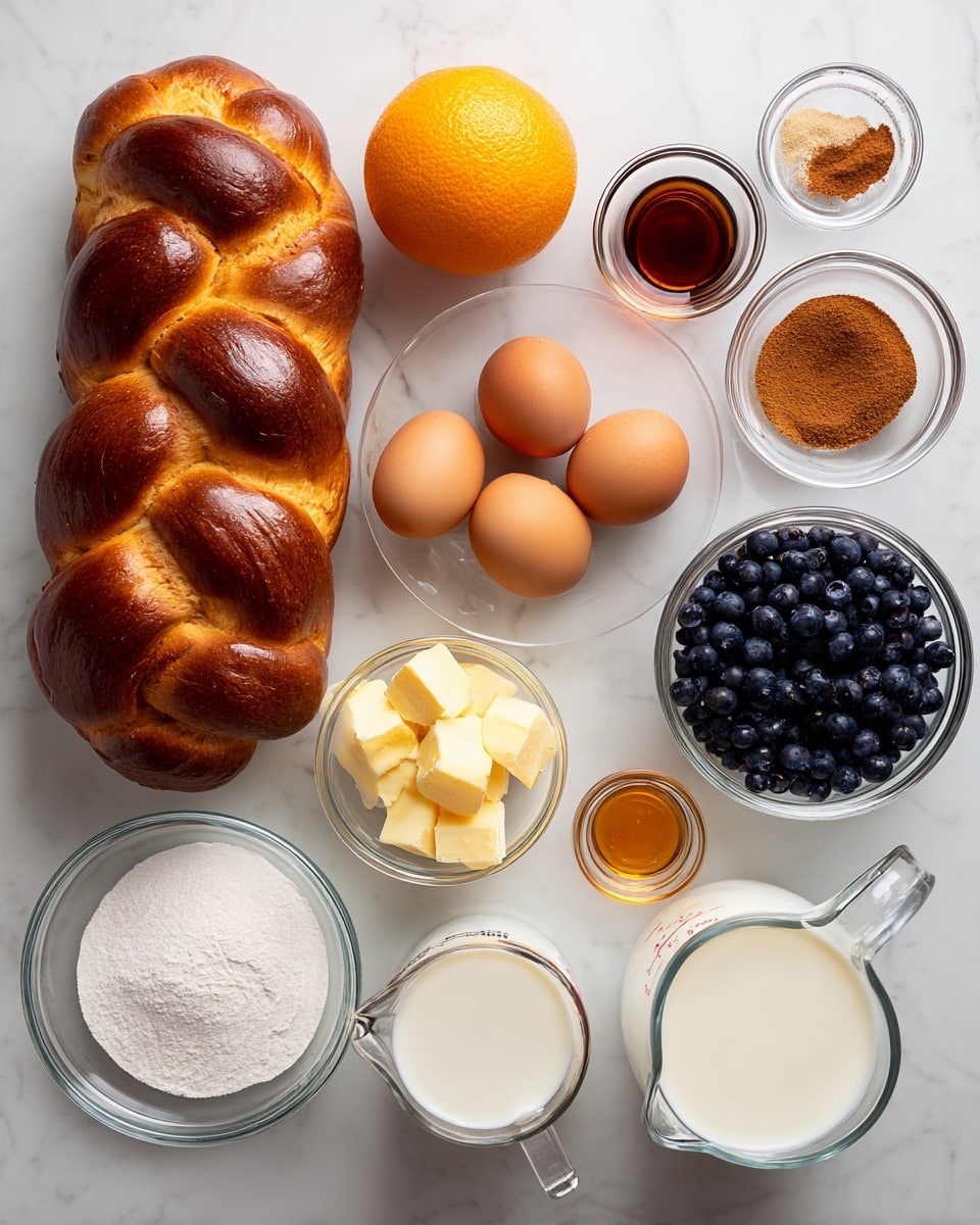 The image shows a white marbled surface with ingredients arranged neatly: a large braided loaf of brown bread on the left, a whole orange next to it, and multiple clear glass bowls containing dark blue blueberries, six brown eggs, light brown brown sugar, light yellow butter cubes, a small pile of white salt, brown cinnamon powder, vanilla extract, dark amber syrup, and two glass measuring cups filled with white and creamy milk. The items are spaced evenly and viewed from above, capturing the variety of colors and textures clearly photo taken with an iphone --ar 4:5 --v 7