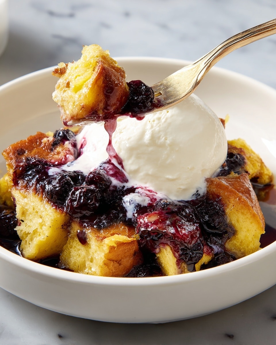 The dish shows a close-up of a white bowl filled with a layered bread pudding. The bottom and middle parts are golden yellow with soft, fluffy bread pieces soaked in sauce. Dark purple berries and thick berry syrup are spread unevenly around, mixing with the bread. On top, there is a large, smooth dollop of white cream. A fork is lifting a bite from the pudding on the left side. The bowl sits on a white marbled surface. photo taken with an iphone --ar 4:5 --v 7