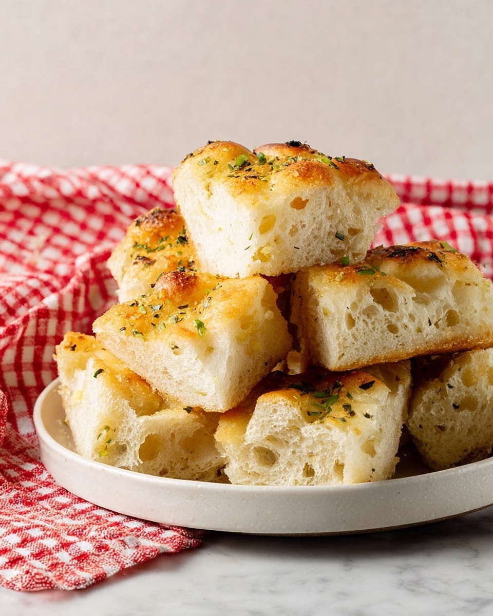 A stack of ten bread pieces with a toasted golden brown top and soft, airy white inside is placed in a shallow white plate. The bread looks light and fluffy with bits of green herbs scattered on the top layer, showing a slight crisp texture. The plate sits on a white marbled surface, and behind it is a red and white checkered cloth with soft folds. The background is a plain off-white wall that contrasts with the warm tones of the bread. photo taken with an iphone --ar 4:5 --v 7