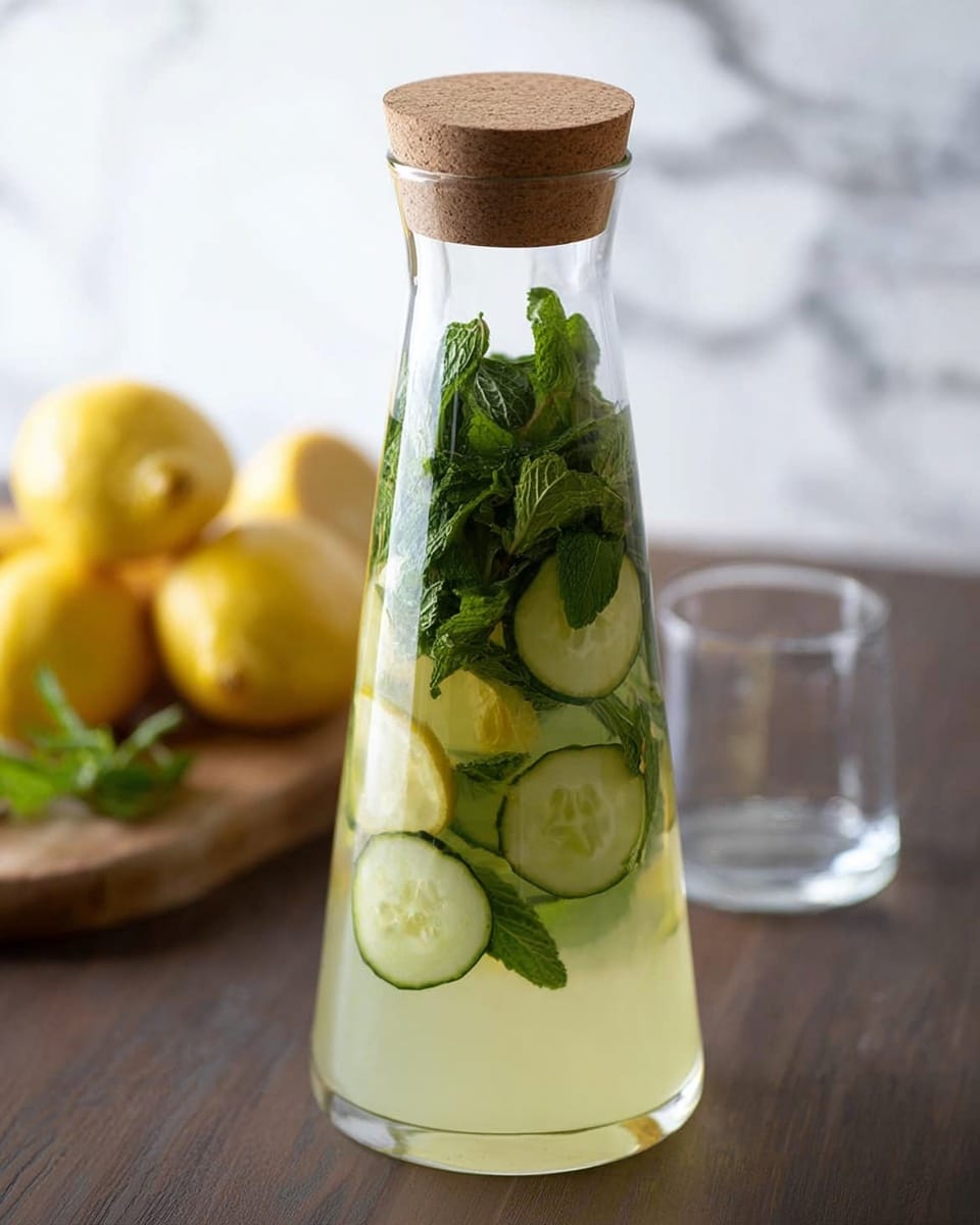 A clear glass carafe with a cork lid is filled with a layered drink. The bottom layer is a pale yellow liquid, above which floats several thin, circular slices of green cucumber. Fresh green mint leaves are also inside the carafe, extending from the middle to the top, giving a textured leafy look. The carafe is set on a dark wooden surface with whole yellow lemons and a wooden board with lemons blurred in the background. To the side, there is a tall empty clear glass. The background and surface are changed to a white marbled texture. photo taken with an iphone --ar 4:5 --v 7