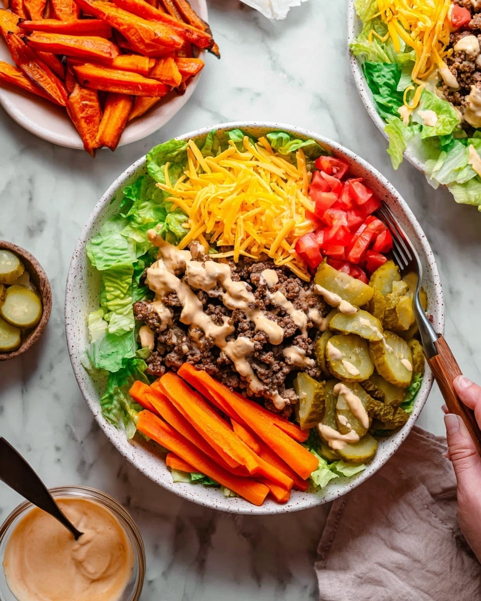A white bowl holds a colorful layered salad starting with a base of green lettuce at the bottom. On top, there is a layer of cooked ground meat covered with a creamy tan sauce. To one side, bright red chopped tomatoes add a fresh touch, while on the other side, there are slices of green pickles. Towards the back, orange roasted sweet potato sticks form another layer. The bowl sits on a white marbled surface with a beige bowl blurred in the background, and a fork rests on the edge of the bowl. Photo taken with an iphone --ar 4:5 --v 7