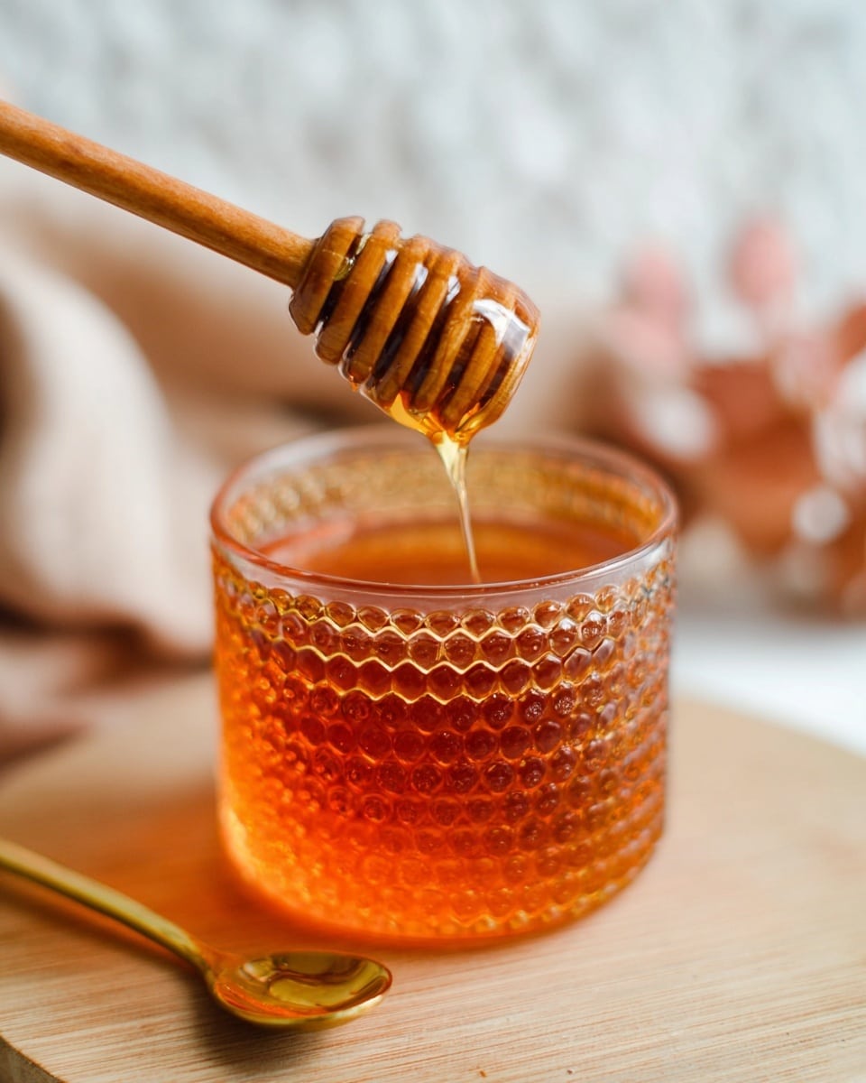 A close-up image shows a clear patterned glass cup filled with a rich amber liquid. Above the cup, a woman's hand holds a wooden honey dipper coated with thick golden honey that slowly drips down into the cup. Below the cup, a small golden spoon lies on a light wooden surface. The background features a white marbled texture with soft blurred shapes, giving a warm and cozy feel. Photo taken with an iphone --ar 4:5 --v 7