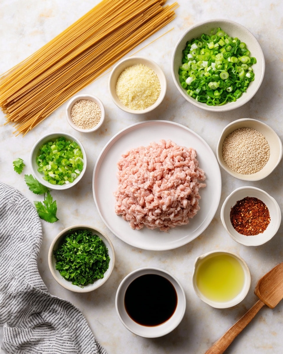 A flat layout of cooking ingredients on a white marbled surface includes a white plate in the center holding light pink ground meat with a soft texture, surrounded by multiple small white bowls filled with different items: a bowl with finely chopped bright green onions at the top right, a smaller bowl with similar green chopped leaves just below it, and a bowl of finely chopped fresh green herbs at the bottom left. There is a small white bowl of light brown sesame seeds near the top center, a white bowl containing a pale yellow minced substance to the top left, and three more small white bowls in the middle and bottom right containing a dark liquid, a clear liquid, a light yellow liquid, and a small round bowl with a reddish-brown spice mix with a coarse texture near the bottom right. On the left side, there is a bunch of uncooked light brown spaghetti strands placed next to a small wooden spatula and a dark liquid in a small bowl nearby. A striped gray and white cloth is slightly visible at the top left corner. photo taken with an iphone --ar 4:5 --v 7