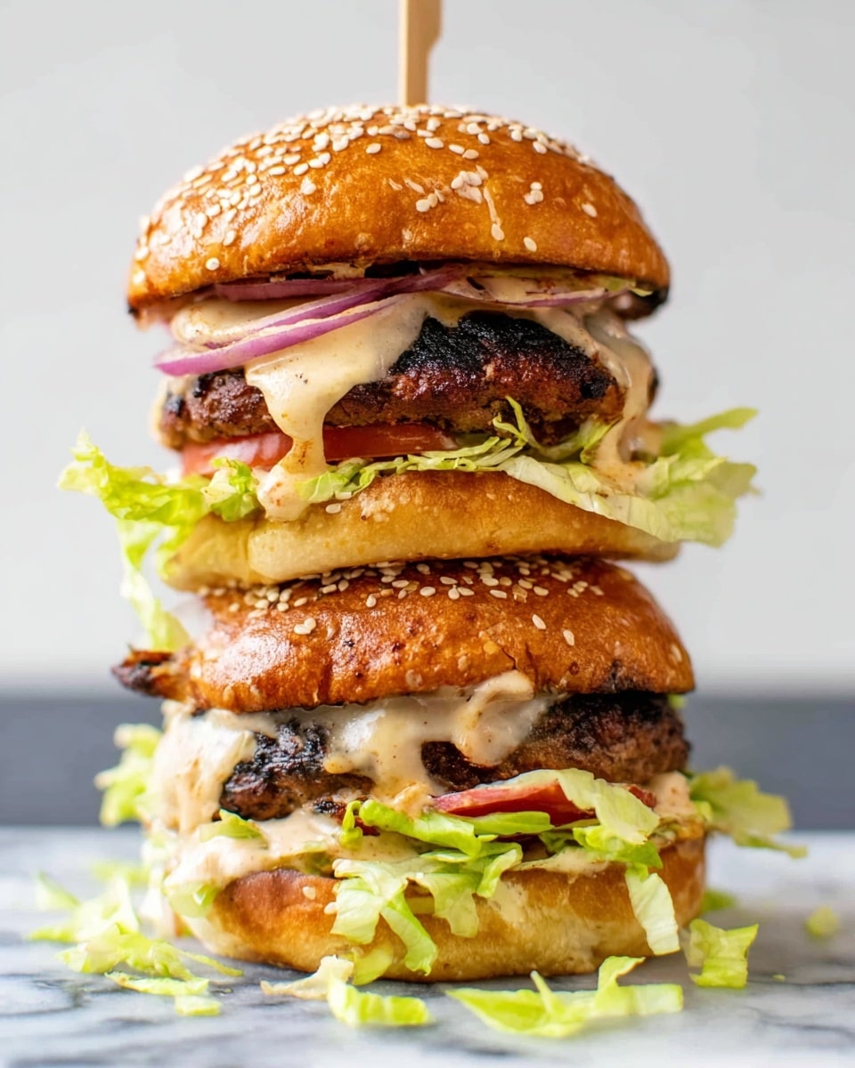 A close-up view of a chicken sandwich on a white sesame seed bun. The bottom layer is shredded green lettuce sitting on the bun, topped by a golden-brown grilled chicken patty with melted light yellow cheese draped over it. Above the cheese are thin slices of red onions and a red tomato slice. The top bun with sesame seeds rests on the onions. In the foreground, there are some golden brown fries out of focus. The sandwich and fries are placed on a white marbled surface. photo taken with an iphone --ar 4:5 --v 7