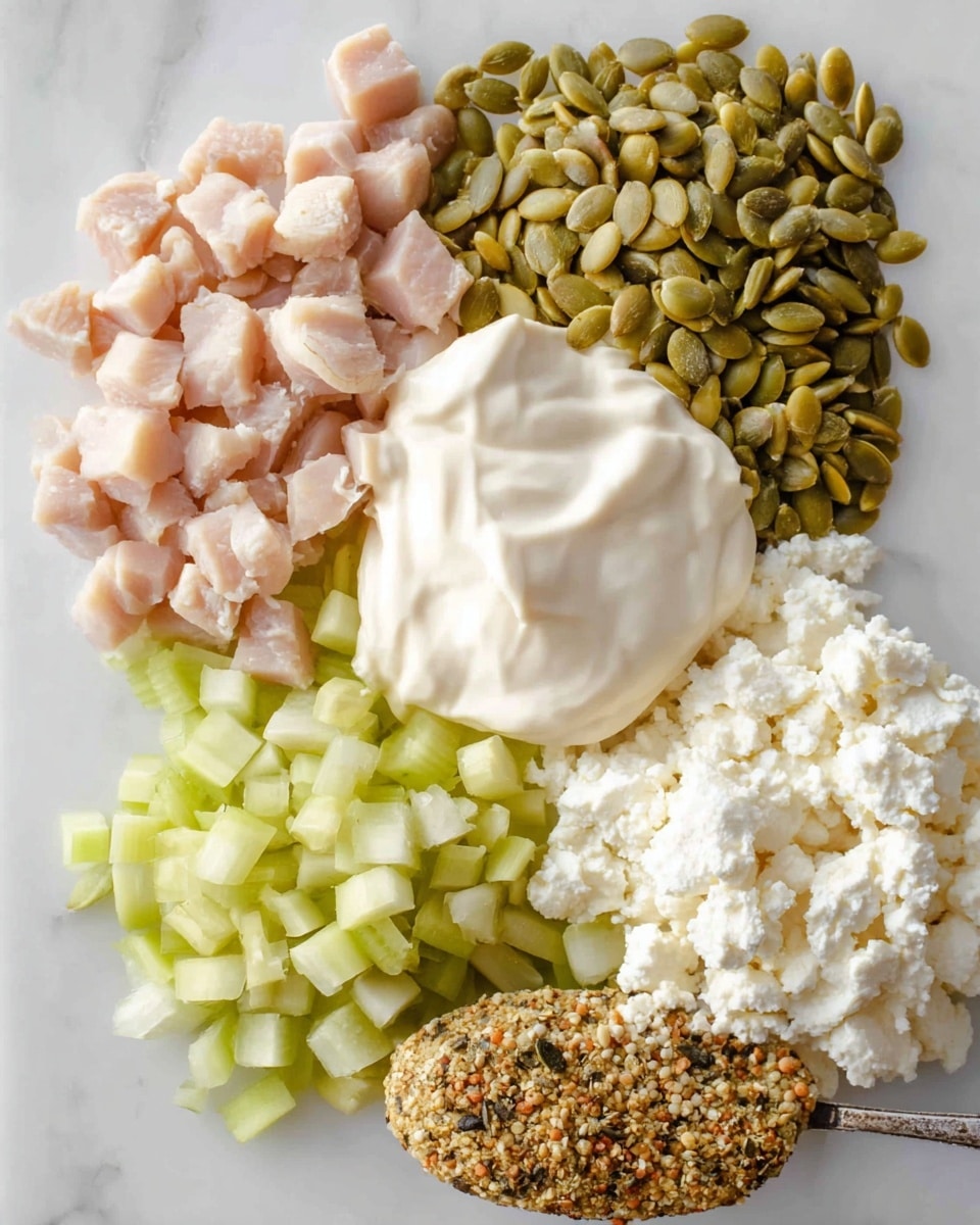 The image shows six groups of ingredients placed closely together on a white marbled surface. In the top left, there are small pale pink cubes of cooked chicken. Next to it on the right, a large pile of green pumpkin seeds fills the top right corner. Below the chicken, diced pale green celery pieces form a loose pile, with more diced celery extending toward the bottom left. In the center, a smooth dollop of creamy white mayonnaise sits prominently. To the right of the mayonnaise, there is a loose mound of white cottage cheese with a soft lumpy texture. At the bottom right, a thick spoonful of grainy whole mustard with dark yellow and brown tones rests. Photo taken with an iphone --ar 4:5 --v 7