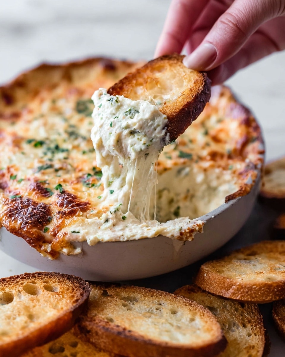 A close-up view of a creamy, cheesy dip in a round white bowl showing a melted golden brown top layer with small green herb bits sprinkled evenly. The inside layer is gooey white cheese mixed with herbs, stretchy and thick, pulled up by a woman’s hand holding a light brown toasted bread slice. In front of the bowl, more toasted bread slices with a golden crust rest on a white marbled surface, inviting to be dipped. Photo taken with an iphone --ar 4:5 --v 7