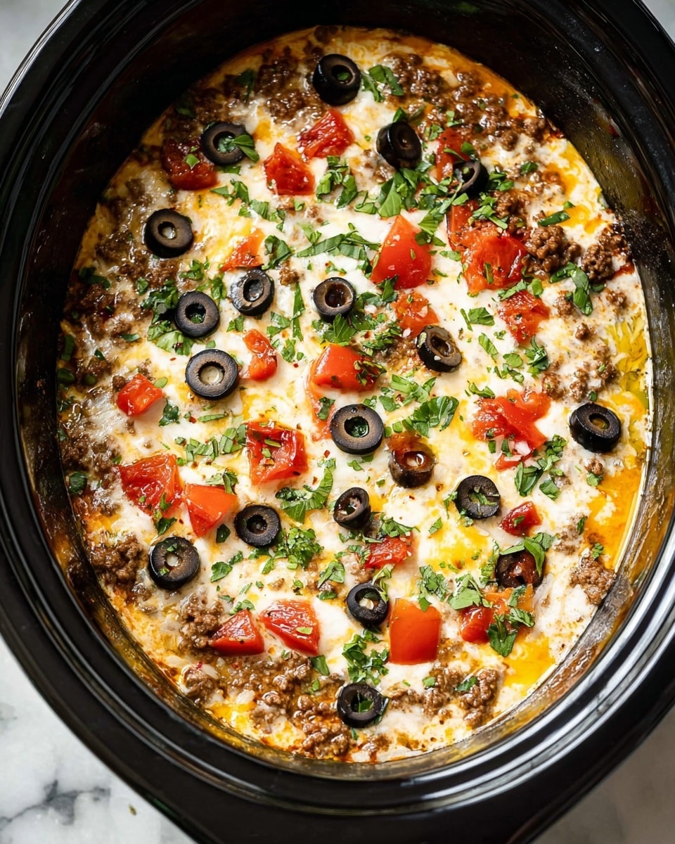 A close-up photo showing a woman’s hand lifting a cheesy taco dip scoop from a black bowl with a white marbled surface beneath. The dip has three main layers: a bottom layer with a chunky brown meat sauce, a middle layer of melted yellow and white cheese stretching as the scoop lifts, and a top layer featuring black olive slices, bright red diced tomatoes, and sprinkled green cilantro leaves, all adding color and texture contrast. The scoop reflects a mix of these layers, with some cheese stringing down. Photo taken with an iphone --ar 4:5 --v 7