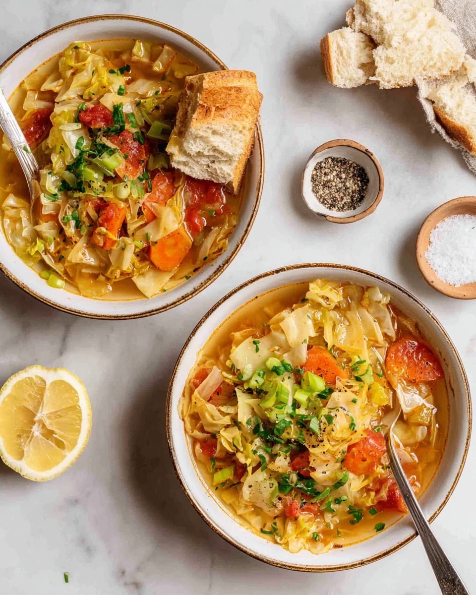 Two bowls of soup are pictured on a white marbled surface. Each bowl is white with a subtle gold rim and filled with a mix of chunky cabbage, chopped tomatoes, and orange carrot pieces in a light broth, topped with chopped green herbs and sliced green onions. One bowl has a piece of crusty bread resting on its edge, with a spoon inside. Near the bowls are small dishes with black pepper and salt, a lemon wedge, and pieces of torn bread. The scene is bright and clean, creating a fresh and inviting look. photo taken with an iphone --ar 4:5 --v 7