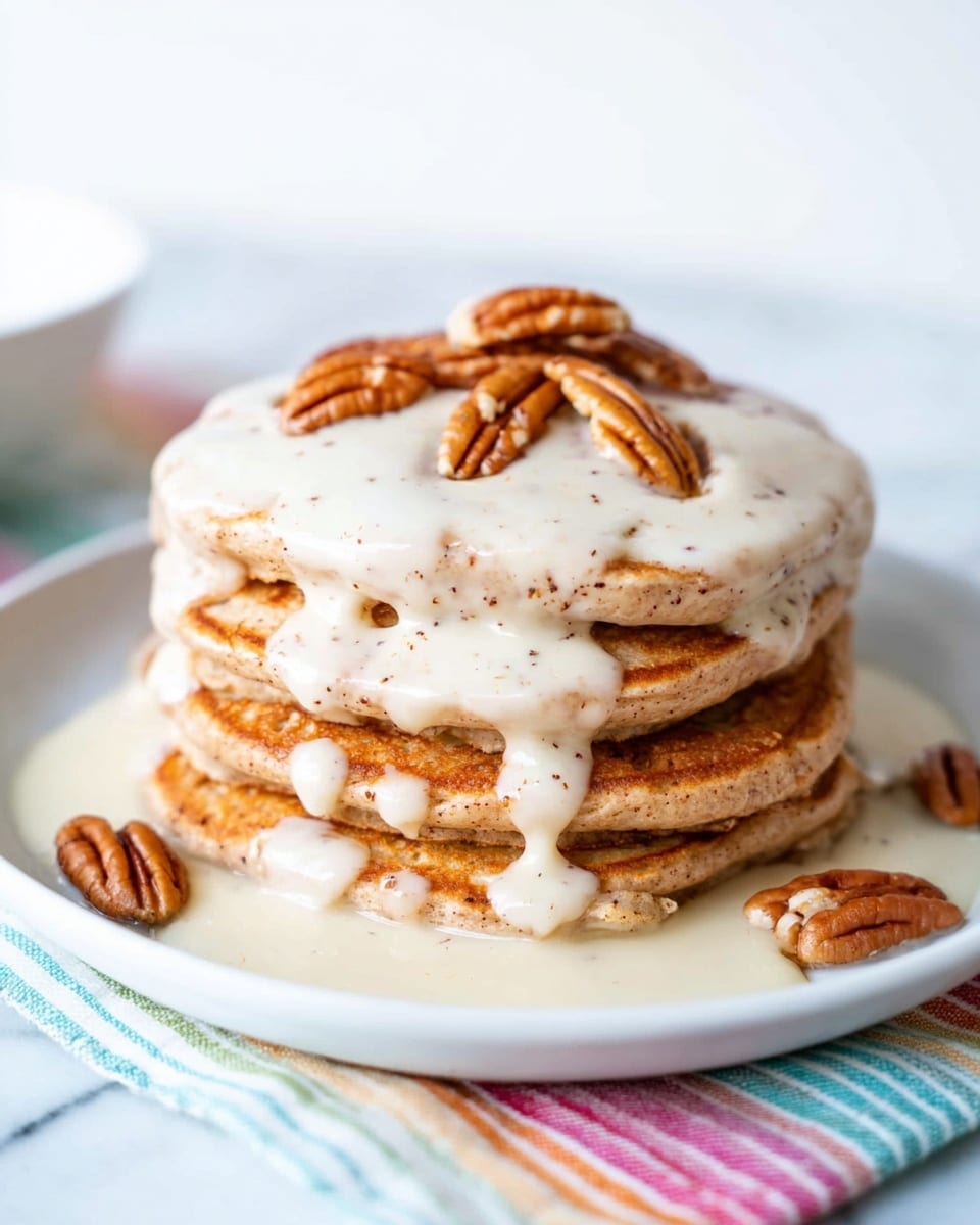 A stack of four thick, light brown pancakes with visible specks of cinnamon or spice, placed in the center of a white plate on a white marbled surface with a colorful striped cloth underneath. A smooth, creamy white sauce drips down the sides of the pancakes, covering the top and partially the edges. On top of the stack and around the base, there are several small clusters of pecans adding texture and color contrast. The lighting is bright and natural, highlighting the soft texture of the pancakes and the glossy sauce. photo taken with an iphone --ar 4:5 --v 7