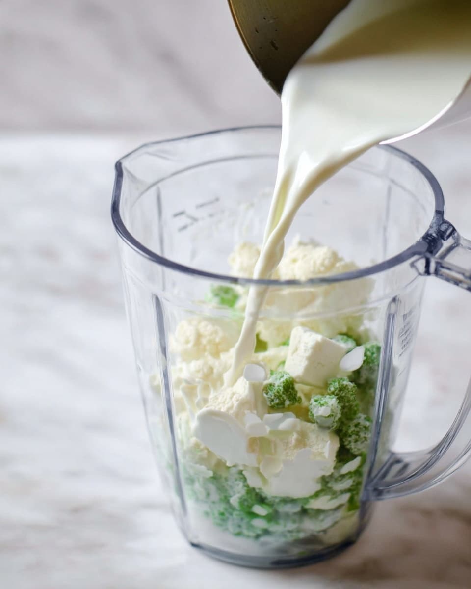 A clear blender container is shown with three visible layers inside: the base layer of creamy white chunks, a middle layer of small green pieces mixed in, and a stream of white liquid being poured from a metal container into the top. The background and surface have a white marbled texture, creating a clean and bright look. The scene captures the moment the liquid mixes with the other ingredients, adding a dynamic sense of motion. photo taken with an iphone --ar 4:5 --v 7