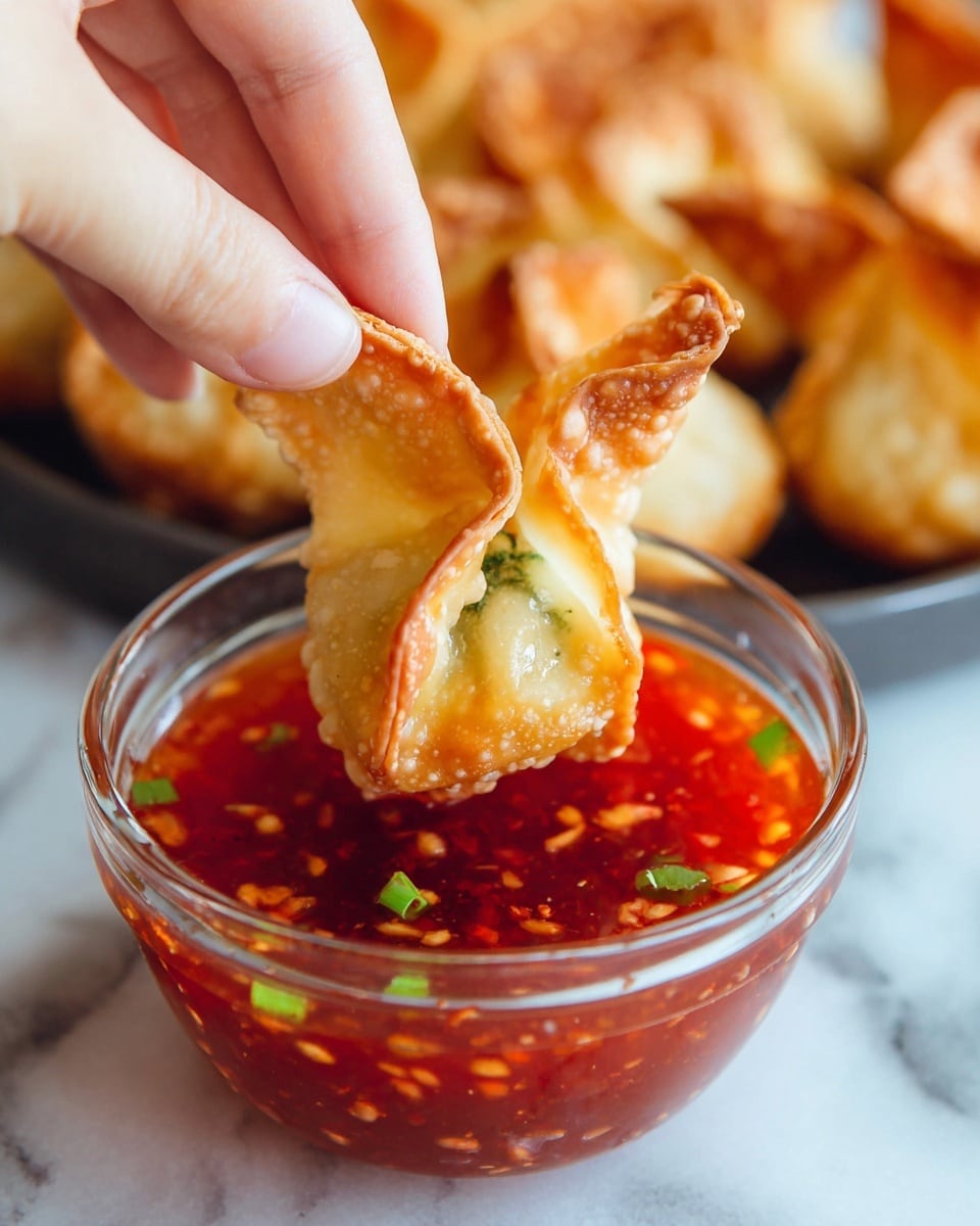 A close-up shows a woman's hand holding a golden-brown fried dumpling by its two open corners, dipping it into a clear glass bowl filled with bright red sauce that has visible chunks and seeds. The dumpling's thin crispy edges curl outward, showing a peek of green filling inside. Behind, there is a blurred plate with more golden dumplings, all on a white marbled surface. The overall colors highlight the red sauce, golden dumplings, and pale skin of the woman's hand. photo taken with an iphone --ar 4:5 --v 7