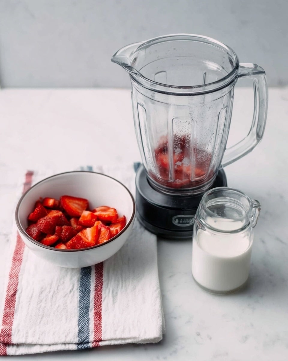 The image shows a clear glass blender jar with a black base, placed on a white marbled surface. To the left of the blender is a white bowl filled with red strawberry slices and some liquid. To the right of the blender is a small clear glass jug filled with white milk. A white cloth with red and blue stripes is placed near the bottom edge of the image. The scene is well lit and simple, focusing on the ingredients and blender for making a strawberry milk drink. photo taken with an iphone --ar 4:5 --v 7