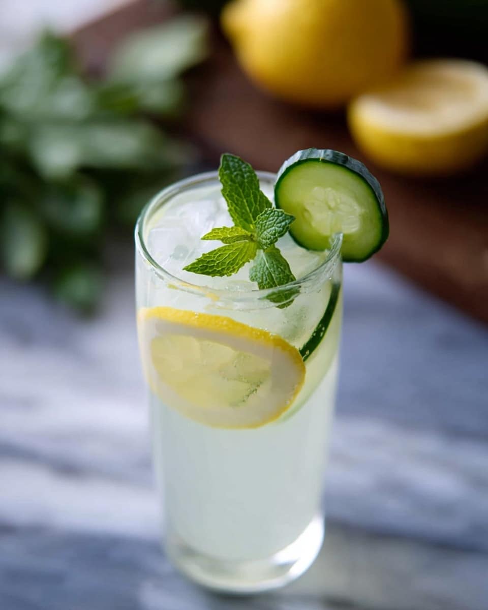 A clear tall glass filled with a pale, almost white liquid takes center stage, topped with a thin round lemon slice floating on the surface. On top of the lemon slice, there are small, bright green mint leaves adding a fresh touch. A thick cucumber slice is placed on the rim of the glass, showing its light green inside with a darker green skin. The glass sits on a white marbled surface, with blurred hints of a whole lemon and green herbs in the background. Photo taken with an iphone --ar 4:5 --v 7