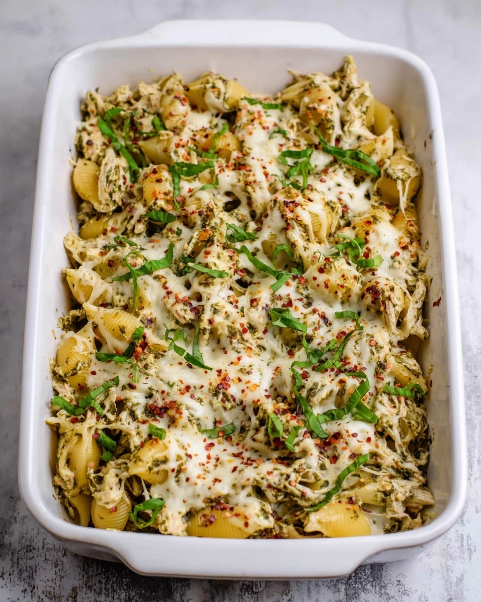A white rectangular baking dish filled with one layer of short pasta shells mixed with shredded chicken and pesto sauce, topped with melted white cheese that is slightly stringy, sprinkled with red pepper flakes, and chopped fresh basil leaves scattered evenly on top. The dish is placed on a white marbled surface. Photo taken with an iphone --ar 4:5 --v 7