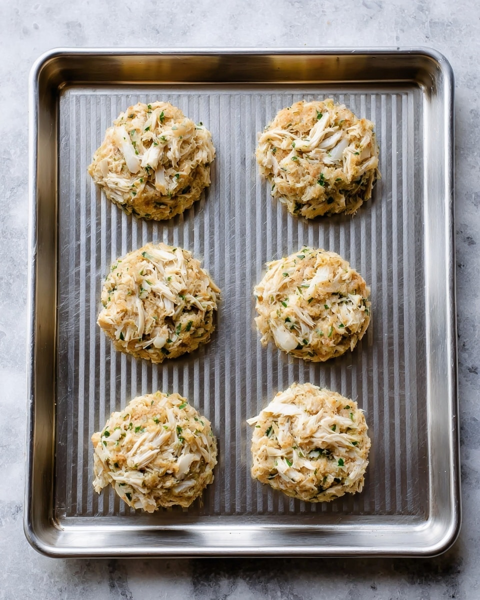 The image shows six raw crab cakes placed evenly in two rows on a silver metal baking tray with ridges. Each crab cake is thick and round, made of a crumbly mixture with visible chunks of white crab meat layered on top and mixed inside. The crab cakes have a light beige color with some green herb specks and a rough, textured surface. The tray sits on a white marbled surface. Photo taken with an iphone --ar 4:5 --v 7