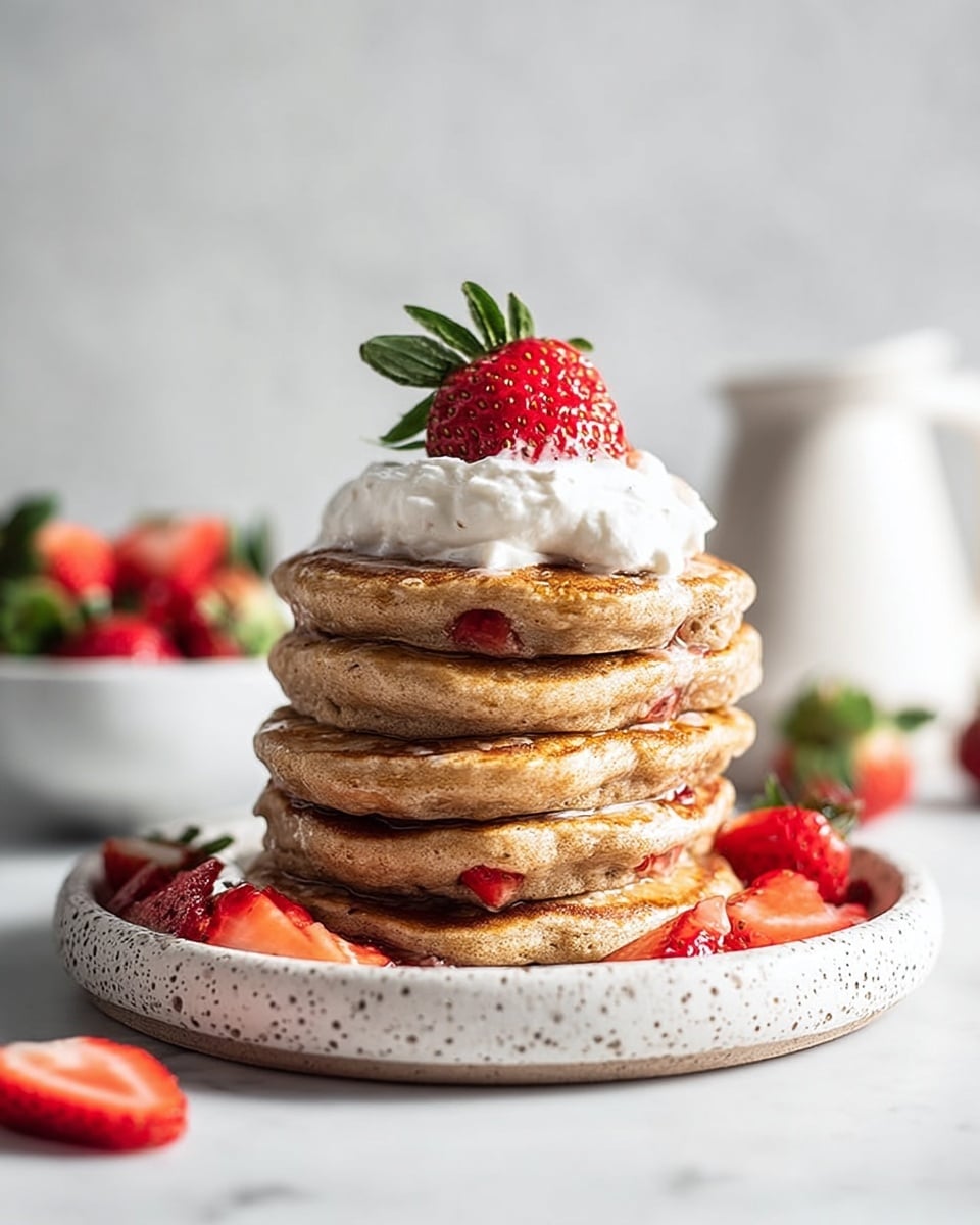 A stack of five thick, light brown pancakes sits on a white speckled plate placed on a white marbled surface. Small pieces of red strawberries are visible inside the pancakes. On top of the stack is a dollop of white whipped cream and a half strawberry with green leaves. More small strawberry pieces are scattered around the whipped cream and on the plate. A blurred bowl of whole strawberries and a white pitcher are in the background. Photo taken with an iphone --ar 4:5 --v 7
