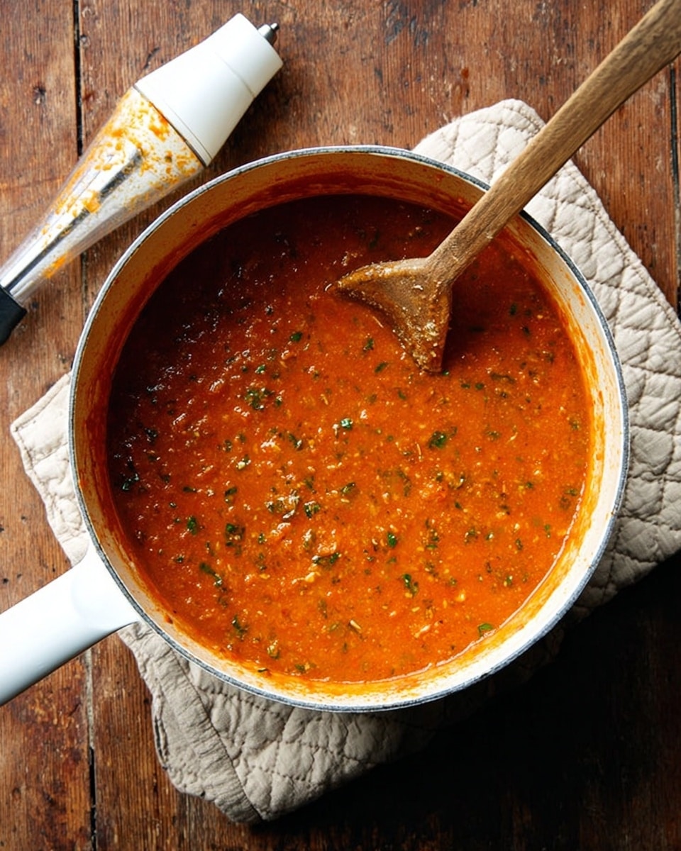 A white saucepan filled with a thick, orange-red sauce mixed with small bits of green herbs. Inside the pot, a wooden spoon is partially immersed, stirring the sauce. Next to the pot, a white handheld blender with some sauce remnants on the blade rests on a wooden surface. The pot sits on a beige quilted cloth over the wooden table. The background is a white marbled texture. photo taken with an iphone --ar 4:5 --v 7