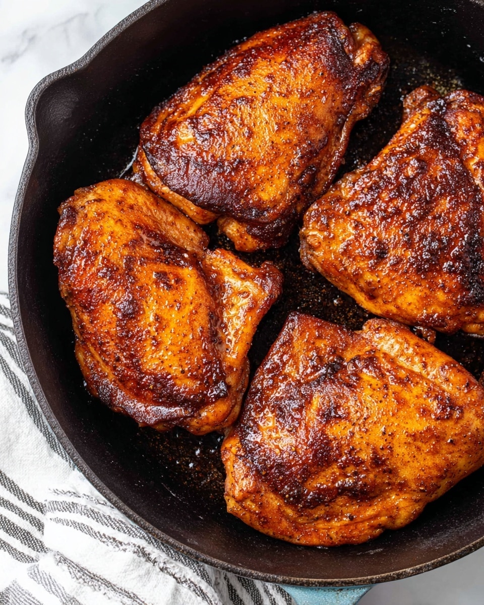 Four pieces of cooked chicken with a shiny, reddish-brown surface covered in spices and oil sit close together in a black cast-iron pan. The chicken pieces have a textured, slightly crispy look with varying shades of golden brown and dark brown on the edges. The pan rests on a white marbled surface with a white and black striped cloth nearby. The photo taken with an iphone --ar 4:5 --v 7