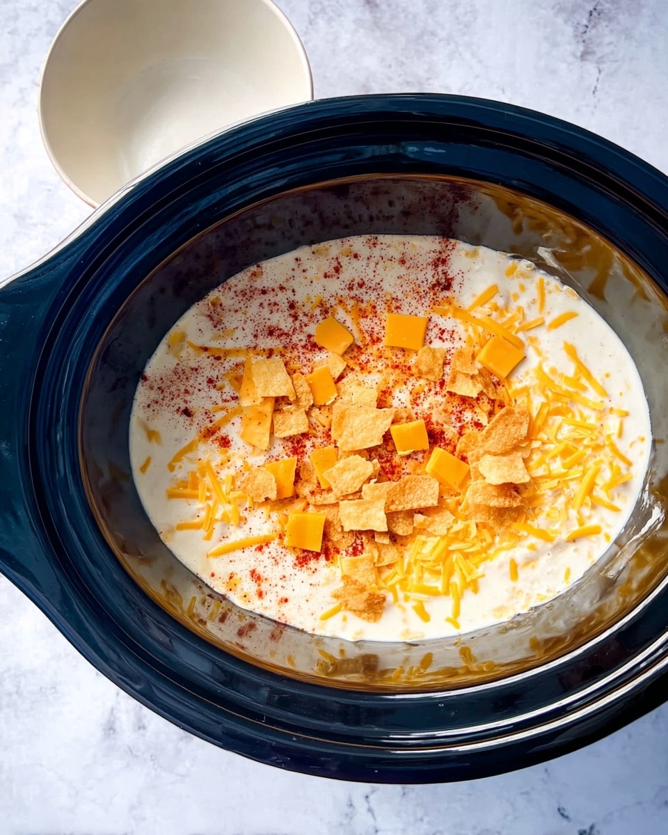 A black slow cooker filled with a creamy white base layer topped with shredded yellow cheese spread evenly, scattered small square pieces of orange cheese on top, and sprinkled with red and light brown powders concentrated more toward the center. The slow cooker is placed on a white marbled surface, and near it is a white bowl that appears empty. Photo taken with an iphone --ar 4:5 --v 7