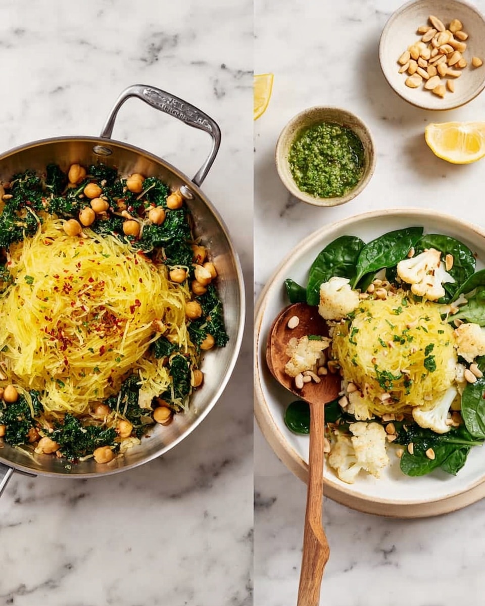 The image shows two parts: on the left side, a silver pan filled with layers of yellow spaghetti squash strands mixed with dark green chopped kale and light beige chickpeas, sprinkled lightly with red chili flakes and seeds; on the right side, a white bowl containing a few layers including fresh dark green spinach leaves, a mound of yellow spaghetti squash strands, pieces of white roasted cauliflower, chopped green herbs, a small scoop of bright green pesto, and topped with pine nuts, with a wooden spoon resting inside the bowl on a white marbled surface with small bowls holding lemon wedges and pine nuts around it, photo taken with an iphone --ar 4:5 --v 7