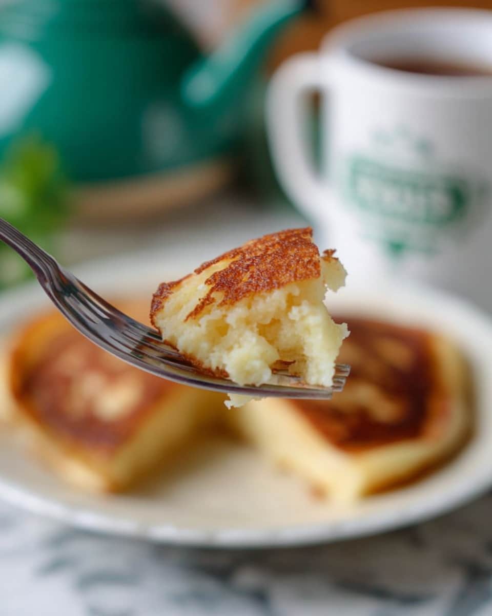 A close-up image shows a silver fork holding a piece of golden-brown, crispy pancake with a soft, pale yellow inside. The background features a large white plate with the rest of the pancake, slightly blurred, and a white mug with green text, resting on a white marbled surface. There is also a green teapot visible behind the mug, adding to the cozy breakfast scene. Photo taken with an iphone --ar 4:5 --v 7