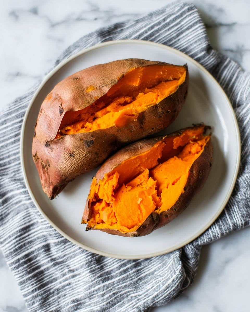 The image shows two baked sweet potatoes cut open on a white plate. The sweet potatoes have dark brown, rough skin with a soft, bright orange inside. Both sweet potatoes are split down the middle, revealing the smooth, moist texture of the cooked orange flesh inside. The plate is resting on a gray and white striped cloth placed on a white marbled surface photo taken with an iphone --ar 4:5 --v 7