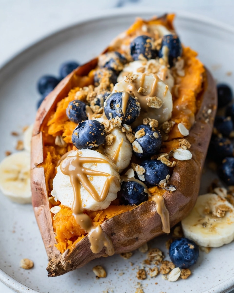 The image shows a baked sweet potato split open on a white plate with a white marbled texture underneath. The sweet potato's orange flesh is soft and chunky, filling most of the skin shell that holds it together. On top, there are even layers of sliced banana and whole blueberries scattered around with granola bits sprinkled throughout, adding a crunchy texture. A light tan drizzle of peanut butter smoothly covers parts of the banana, sweet potato, and blueberries, creating a creamy contrast to the fruit and granola. The scene feels fresh and colorful with the mix of soft orange, pale yellow, deep blue, and light brown toppings photo taken with an iphone --ar 4:5 --v 7