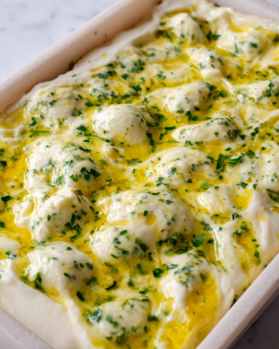 The image shows a close-up of a rectangular white plate holding a thick, creamy dish with a slightly bubbly texture. The dish has a white base layer covered by dollops of a yellow sauce mixed with green herbs spread unevenly across the surface, giving it a marbled look. The creamy white layer is soft and smooth, contrasting with the oily, vibrant yellow and green speckled topping. The edges of the plate are visible and the plate is resting on a white marbled surface. Photo taken with an iphone --ar 4:5 --v 7