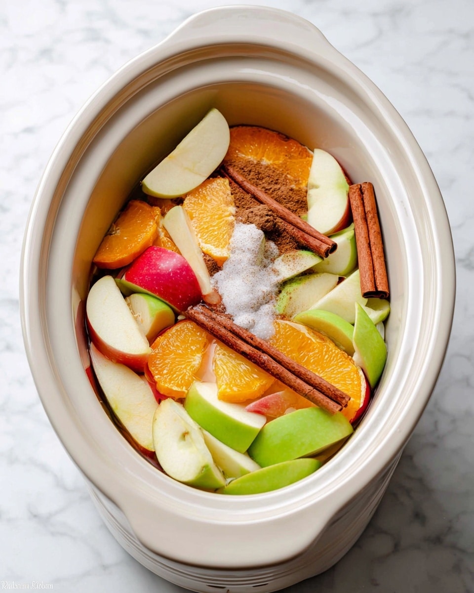 A white oval slow cooker filled with several layers of fruit and spices: the bottom layer has green and red apple slices with firm texture, the middle layer shows bright orange orange slices, and the top layer is sprinkled with white sugar, brown ground spice, and a few whole cinnamon sticks positioned on one side. The slow cooker is placed on a white marbled surface. Photo taken with an iphone --ar 4:5 --v 7