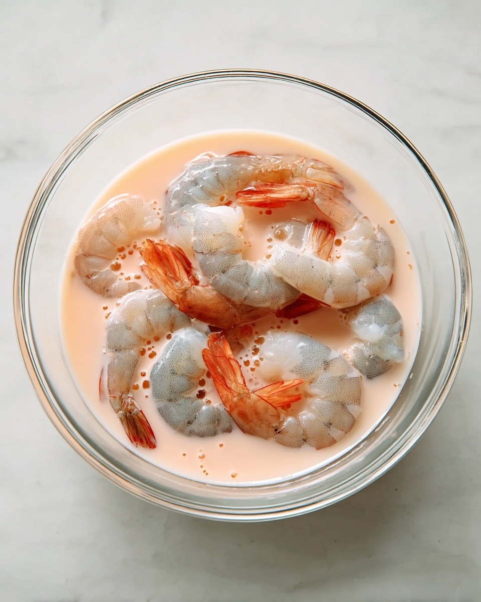 A clear glass bowl holds several raw shrimp with grayish-blue shells and orange-red tails, partially soaked in a light pink, creamy liquid that covers the shrimp unevenly with small bubbles on the surface. The bowl is placed on a white marbled surface, and the shrimp are arranged loosely inside, some partly submerged and some more visible. photo taken with an iphone --ar 4:5 --v 7