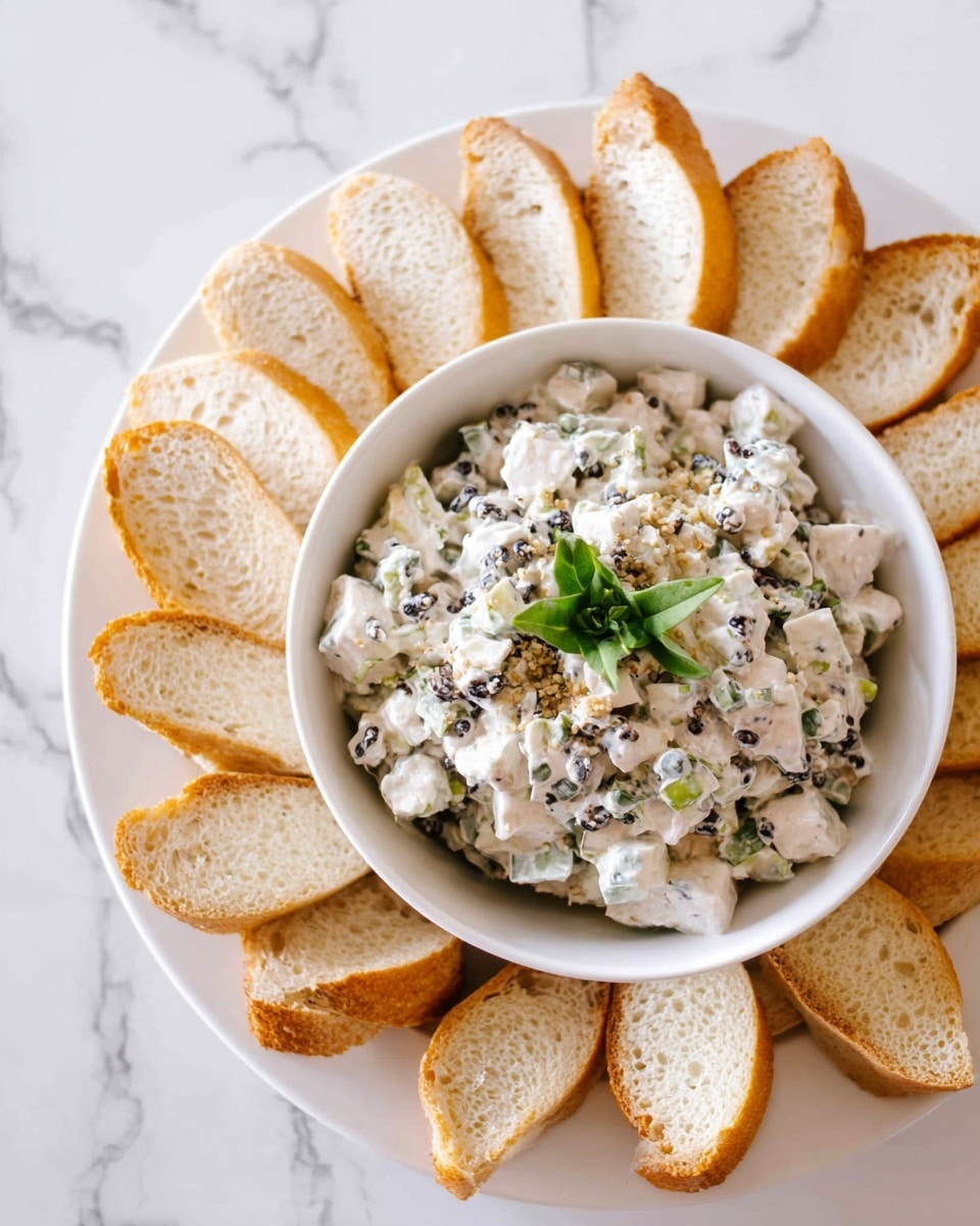 A white bowl filled with a creamy salad made of small white chunks mixed with green and black elements, topped with a small green herb leaf in the center. The bowl is placed on a white plate, surrounded by many slices of light golden bread arranged like petals around the bowl. The background surface has a white marbled pattern. photo taken with an iphone --ar 4:5 --v 7
