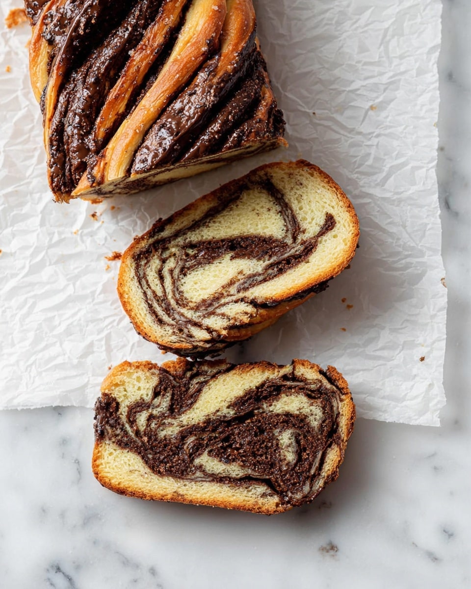 The image shows a twisted loaf of bread with rich chocolate swirls on top and inside. The loaf is partly sliced, revealing two thick slices placed below it. Each slice has several layers of light golden dough and dark chocolate spread intertwined in a beautiful swirl pattern. The crust is golden brown with a slight shine, and the surface beneath is covered with white crumpled paper. The background has a white marbled texture. photo taken with an iphone --ar 4:5 --v 7