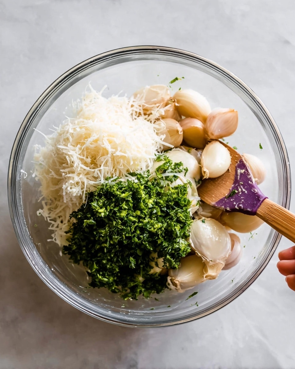 A clear glass bowl on a white marbled surface holds three main layers of ingredients: on the left, finely grated white cheese with a soft texture; in the front center are whole pale beige mushrooms, some sliced and showing smooth bodies; on the right is a pile of finely chopped bright green fresh herbs, likely parsley, with a leafy texture. A wooden spatula with purple silicone edges rests inside the bowl, slightly angled with a woman's hand touching or mixing it. photo taken with an iphone --ar 4:5 --v 7