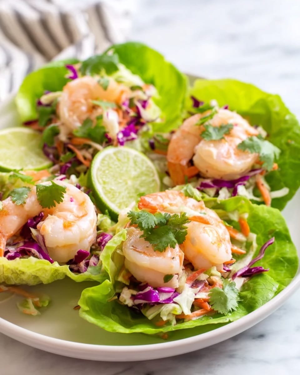 A white plate holds three lettuce wraps, each with a base of bright green lettuce leaves. On top of the lettuce are plump, cooked shrimp, pale with a light orange tint and a slightly firm texture. The shrimp are layered with a colorful mixture of shredded purple cabbage, light green cabbage, and small orange carrot strips, all topped with bright green cilantro leaves. Thin half-slices of lime rest in between the wraps, adding a fresh touch. The plate sits on a white marbled surface with a soft, blurred background. photo taken with an iphone --ar 4:5 --v 7